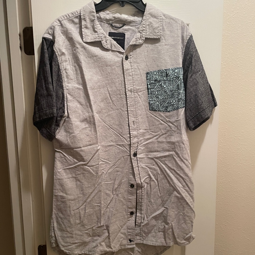 Modern Amusement Gray and Black Casual Button Down Shirt